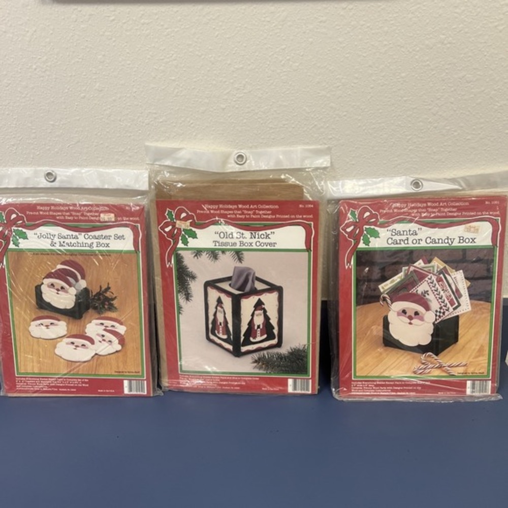 3 Old St. Nick Santa Tissue Box Cover DIY Kit Craft Project Vintage Wood Kit NOS